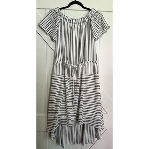 Halston Vintage 1976 Black Striped Hi-Low Off‎ Shoulder Dress Pockets Size SP
